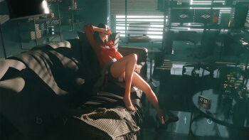 1girl barefoot black_hair box chair character_request check_character clock collared_shirt commentary_request computer computer_keyboard computer_tower couch covering_own_eyes cup desk dress_shirt feet glass_table high_heels highres holding holding_removed_eyewear id_card indoors legs long_hair monitor mr_ito phonograph pillow plant potted_plant red_shirt scenery shelf shirt shorts sitting sleeves_rolled_up snowbreak:_containment_zone solo table thighs tied_sweater trash_can unworn_eyewear unworn_footwear window_blinds yao_(snowbreak) yao_-_quiet_quitter_(work_goal)_(snowbreak)