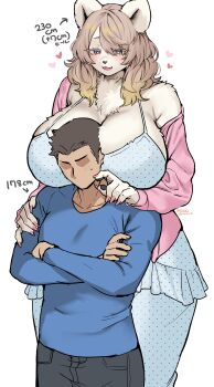 1boy 1girl absurdres animal_ears bear_ears bear_girl between_breasts blush breasts cardigan cheek_poking commentary_request crossed_arms dress face_between_breasts fingernails furry furry_female furry_with_non-furry head_between_breasts heart height_difference highres hug hug_from_behind huge_breasts interspecies long_fingernails neck_fur off_shoulder original pink_cardigan pink_nails poking polka_dot polka_dot_dress suurin_(ksyaro) sweatdrop tall_female