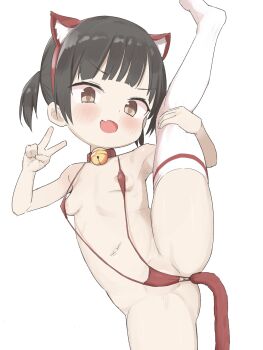 1girl :d anal anal_beads anal_object_insertion anal_tail animal_ear_hairband animal_ears areola_slip bell black_hair blush breasts brown_eyes butt_plug cat_ear_hairband cat_ears cat_tail fake_animal_ears fake_tail fang hairband highres jingle_bell kok loli looking_at_viewer neck_bell nipples object_insertion open_mouth original paid_reward_available red_slingshot_swimsuit revision short_hair simple_background skin_fang slingshot_swimsuit small_breasts smile solo split standing standing_on_one_leg standing_split swimsuit tail thighhighs twintails v v-shaped_eyebrows white_background white_thighhighs
