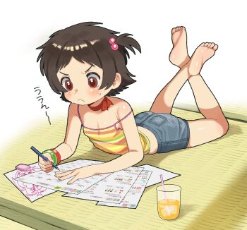 1girl annoyed barefoot blush commentary_request cuffs denim drinking eraser feet floor food frustrated funifuchan glass highres holding ice indoors juice kicking legs lying mat neckerchief on_stomach original papers pasta pen pencil shirt shorts solo spaghetti stomach strap sweat sweatdrop tank_top tatami ties tsubame-chan_(funifuchan) twintails