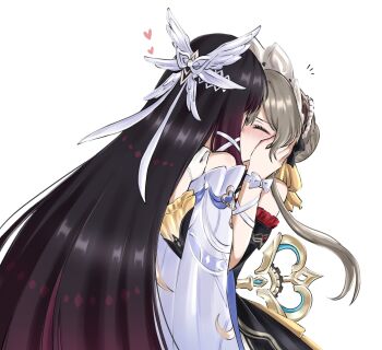 2girls black_dress black_hair blush closed_eyes columbina_(genshin_impact) commentary dress english_commentary genshin_impact gloves grey_hair hand_on_another&#039;s_face hand_on_another&#039;s_shoulder heart highres kiss long_hair multiple_girls nonoberry22 notice_lines sandrone_(genshin_impact) simple_background white_background white_gloves winding_key wings yuri