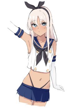 1girl absurdres animal_ear_hairband animal_ears armpits black_hairband black_neckerchief black_panties blonde_hair blue_eyes blue_sailor_collar blue_skirt blush collarbone commentary_request cosplay cowboy_shot crop_top cropped_legs cropped_shirt elbow_gloves fake_animal_ears gloves hair_between_eyes hairband highleg highleg_panties highres kantai_collection long_hair looking_at_viewer microskirt neckerchief one-hour_drawing_challenge outstretched_arm panties pleated_skirt pout rabbit_ear_hairband rabbit_ears ro-500_(kancolle) sailor_collar shimakaze_(kancolle) shimakaze_(kancolle)_(cosplay) shirt sidelocks simple_background skirt sleeveless sleeveless_shirt solo standing tan tf_cafe thighs underwear white_background white_gloves white_shirt