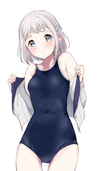 1girl absurdres bare_shoulders blazer blue_eyes blue_one-piece_swimsuit blush braid breasts closed_mouth collarbone commentary_request covered_navel cowboy_shot gakuen_idolmaster gluteal_fold grey_hair highres idolmaster jacket katsuragi_lilja kuroba_aki long_sleeves looking_at_viewer off_shoulder one-piece_swimsuit open_clothes open_jacket school_swimsuit short_hair simple_background small_breasts smile solo swimsuit swimsuit_under_clothes white_background white_jacket