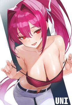 1girl :d absurdres blush breasts camisole camisole_pull character_request cleavage clothes_pull collarbone copyright_request cowboy_shot hair_intakes highres large_breasts leaning_forward long_hair looking_at_viewer navel open_fly open_mouth panties pants panty_peek ponytail purple_camisole purple_hair purple_panties red_eyes smile solo suujiniku underwear very_long_hair white_pants yuzuriha_(under_night_in-birth)