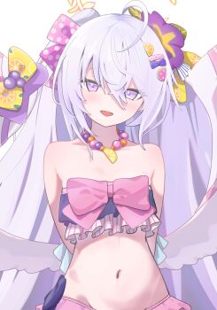 1girl absurdres azusa_(blue_archive) azusa_(swimsuit)_(blue_archive) bare_shoulders bikini blue_archive blush bow bowtie commentary_request feathered_wings hair_between_eyes hair_bow hair_ornament highres jewelry looking_at_viewer navel necklace open_mouth partial_commentary purple_eyes ruffle_bikini sainarohh smile solo swimsuit white_background white_hair wings
