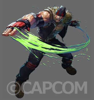 Rule 34 | 1boy, alex (street fighter), beanie, fighting stance, fingerless gloves, full body, fur collar, gloves, hat, highres, official art, open mouth, padded gloves, sleeveless, solo, street fighter, street fighter 6, takayuki nakayama