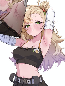 1girl absurdres alternate_breast_size_(larger) arm_behind_head armpits bare_shoulders belt black_shorts black_tube_top blonde_hair blush breasts collarbone commentary commentary_request crop_top detached_sleeves earrings english_commentary gloves green_eyes hair_ornament half-closed_eyes hand_on_own_head highres inset jewelry long_hair looking_at_viewer medium_breasts mekato midriff mixed-language_commentary navel paid_reward_available parted_lips piper_wheel short_eyebrows shorts simple_background spiked_shirt strapless thick_eyebrows tube_top upper_body white_background white_sleeves yellow_gloves zenless_zone_zero