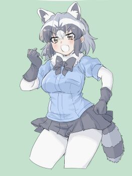 1girl animal_ears black_bow black_bowtie black_gloves black_hair black_skirt blue_background blue_sweater blush bow bowtie brown_eyes clenched_hands common_raccoon_(kemono_friends) cowboy_shot elbow_gloves extra_ears fur_collar gloves grey_hair hair_between_eyes highres houkokukokui kemono_friends multicolored_hair open_mouth pantyhose pleated_skirt puffy_sleeves raccoon_ears raccoon_girl raccoon_tail short_hair sidelocks skirt solo sweater tail white_fur white_gloves white_hair white_pantyhose
