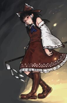 1girl artist_name ascot black_hair blue_ascot blunt_bangs boots bow brown_boots brown_eyes detached_sleeves envenomist_(gengoroumaru) full_body gohei hair_bow hair_tubes hakurei_reimu highres holding holding_gohei knee_boots long_hair one-hour_drawing_challenge red_bow red_shirt red_skirt ribbon-trimmed_sleeves ribbon_trim shirt skirt solo touhou twitter_username white_sleeves