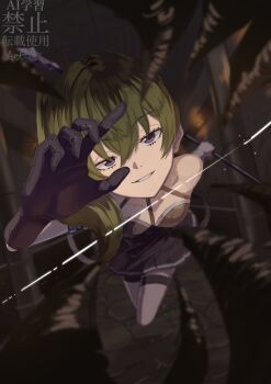 1girl absurdres black_dress commentary_request dress green_hair highres purple_eyes side_ponytail sleeveless sousou_no_frieren ubel_(sousou_no_frieren)