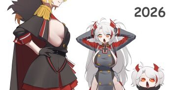 2girls admiral_hipper_(azur_lane) admiral_hipper_(retrofit)_(azur_lane) antenna_hair arms_up azur_lane black_gloves blonde_hair blush breasts cape chibi chibi_inset commentary cross english_commentary epaulettes gloves green_eyes grey_hair hair_between_eyes hands_on_own_head hat highres large_breasts long_hair looking_at_viewer mole multicolored_hair multiple_girls official_alternate_costume open_mouth prinz_eugen_(azur_lane) red_streaks sideboob single_hair_streak skirt solo streaked_hair surprised thighhighs two_side_up very_long_hair white_hair whitter wide-eyed