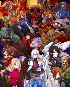 Rule 34 | 3girls, 6+boys, abaddon (castlevania), absurdres, aguni, alucard (castlevania), animal skull, arikado genya, armor, arthropod boy, balore, bat (animal), bat company, beard, bird wings, black eyes, black hair, black jacket, black shirt, black wings, blonde hair, blue eyes, blue hair, blue pants, blue shirt, blue skin, brown coat, brown hair, castlevania: dawn of sorrow, castlevania (series), celia fortner, chain, claws, cloak, closed eyes, coat, colored skin, commentary request, cow skull, crystal, crystal necklace, curly hair, dario bossi, death (castlevania), demon, denim, dmitrii blinov, dragon, dragon wings, everyone, extra arms, facial hair, fins, fire, fish, flying armor (castlevania), gergoth (castlevania), green jacket, green skin, gums, hair ribbon, hakuba mina, hammer (castlevania), highres, holding, holding scythe, holding sword, holding weapon, jacket, jeans, jewelry, julius belmont, looking at viewer, malphas (castlevania), mask, menace (castlevania), multiple boys, multiple girls, mustache, necklace, one-eyed, orange eyes, orange hair, orb, pants, paranoia (castlevania), plague doctor mask, puppet, puppet master (castlevania), purple scarf, rahab (castlevania), red armor, red eyes, red hood, red ribbon, red scarf, red skin, ribbon, rotting, scarf, scythe, sharp teeth, shirt, skeleton, skull, soma cruz, spiked hair, sword, teeth, user pjdc3332, vest, waistcoat, weapon, white coat, white hair, white skin, wings, yellow gauntlets, yellow shirt, yoko belnades, zephyr (castlevania), zombie