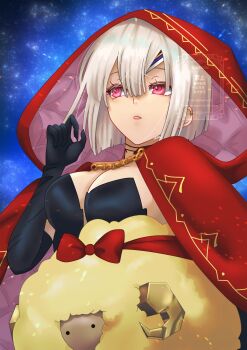 1girl altera_(celebratory_attire)_(fate) altera_(fate) black_dress black_gloves body_markings breasts chi_wa choker cleavage cloak commentary_request dark-skinned_female dark_skin dress dumuzid_(fate) elbow_gloves fate/grand_order fate_(series) gloves highres hood hooded_cloak looking_to_the_side medium_breasts parted_lips red_cloak red_eyes sheep short_hair white_hair