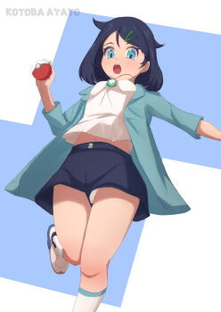 1girl artist_name black_hair black_shorts coat commentary_request cowlick green_coat green_eyes hair_ornament hairclip highres holding holding_poke_ball knees kotoba_ayato liko_(pokemon) looking_down medium_hair navel nintendo open_clothes open_coat open_mouth panties pantyshot poke_ball poke_ball_(basic) pokemon pokemon_(anime) pokemon_horizons shirt shoes shorts socks solo teeth tongue underwear upper_teeth_only white_panties white_shirt white_shoes white_socks