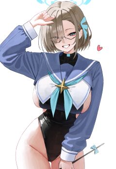 1girl absurdres alternate_costume alternate_hair_length alternate_hairstyle asuna_(blue_archive) bespectacled black-framed_eyewear black_leotard blue_archive blue_eyes blue_halo blue_sailor_collar breasts brown_hair commentary english_commentary eyes_visible_through_hair glasses gluteal_fold hair_over_one_eye halo heart highleg highleg_leotard highres holding holding_wand kono_(xerondan321) large_breasts leotard long_sleeves looking_at_viewer magical_girl sailor_collar shimiko_(blue_archive) shimiko_(magical)_(blue_archive) short_hair simple_background smile solo thighs wand white_background