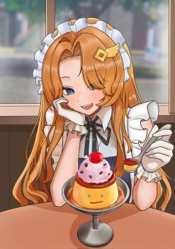 1girl :d apron bare_shoulders black_ribbon blue_dress blue_eyes blush brown_hair cherry clothing_cutout collared_shirt commander_(maid)_(tower_defense_simulator) commander_(tower_defense_simulator) commentary cup curtained_hair day dodoman0414 dress elbows_on_table english_commentary eyes_visible_through_hair food frilled_apron frilled_gloves frills fruit genderswap genderswap_(mtf) gloves hair_ornament hair_over_one_eye hair_over_shoulder hand_on_own_cheek hand_on_own_face hands_up headdress highres holding holding_spoon incoming_food indoors long_hair looking_at_viewer maid maid_apron maid_headdress neck_ribbon official_alternate_costume official_alternate_hair_color official_alternate_hairstyle open_mouth pov pudding ribbon roblox round_table shirt short_sleeves shoulder_cutout smile solo spoon table teeth tongue tower_defense_simulator tree upper_body very_long_hair white_apron white_gloves white_headdress white_shirt window