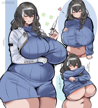 1girl absurdres arm_under_breasts artist_name black_hair blue_sweater blush bottomless braid breasts closed_eyes clothes_lift cropped_jacket dress goddess_of_victory:_nikke hair_ornament hair_over_shoulder hairband heart highres huge_breasts jacket long_hair mary_(nikke) multiple_views navel noiretox open_clothes open_jacket ribbed_sweater shirt_lift single_braid smile solo standing sweater sweater_dress syringe underboob undressing white_background white_hairband white_jacket