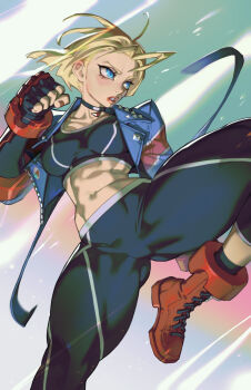 1girl abs blonde_hair blue_eyes breasts cammy_white crop_top fingerless_gloves gloves lips medium_breasts muscular_legs pants rim_jims shoes short_hair street_fighter street_fighter_6 teeth