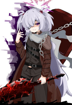 1girl alternate_costume belt black_pants blue_archive brown_coat brown_shirt chain choker coat coffin commentary cowboy_shot crack cracked_wall eyepatch grey_scarf hair_bobbles hair_ornament hair_over_one_eye hand_up highres holding holding_sword holding_weapon kanoe_(blue_archive) limbus_company long_coat long_hair looking_at_viewer multiple_belts open_clothes open_coat pants portal_(object) project_moon purple_eyes sari_(zakura27502762) scarf shaded_face shirt solo sword two_side_up v-shaped_eyebrows very_long_hair weapon white_hair wuthering_heights_(identity)_(project_moon)