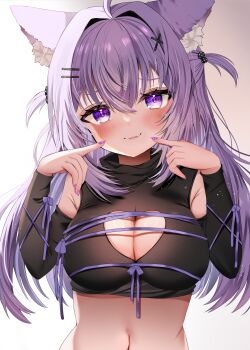 1girl animal_ears breasts cat_ears cat_girl cleavage clothing_cutout commentary_request gradient_background grey_background hair_ornament hairclip heart_cutout highres hololive large_breasts long_hair looking_at_viewer mainai_(pochiwan1108) navel nekomata_okayu purple_eyes purple_hair solo two_side_up virtual_youtuber x_hair_ornament