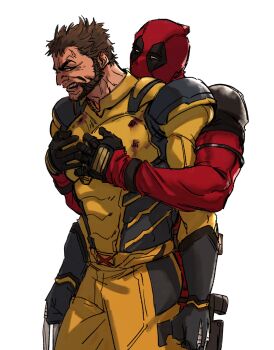2boys belt bodysuit brown_hair claw_(weapon) clenched_hands deadpool deadpool_&amp;_wolverine deadpool_(series) gloves hashtag-only_commentary highres hug hug_from_behind looking_at_another male_focus marvel mature_male mcbuckwheat multicolored_bodysuit multiple_boys muscular muscular_male pectoral_grab pectorals red_bodysuit red_mask short_hair teeth two-tone_bodysuit weapon wolverine_(x-men) x-men yaoi