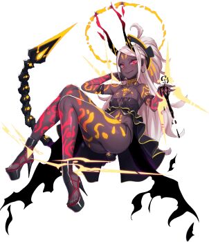 1girl arm_tattoo ass breasts chaos_order chest_tattoo cleavage curvy dark-skinned_female dark_skin demon_girl dress female_focus floating halo highres leg_tattoo lilith-soft long_hair looking_at_viewer no_bra red_background red_eyes shiny_skin small_breasts smile solo tail taimanin_(series) taimanin_asagi_kessen_arena tattoo thong transparent_background very_dark_skin very_long_hair white_hair wide_hips yuuji_(and)