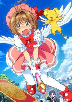 2girls :d black_hair blue_sky blunt_bangs blush bow brown_hair camcorder camera cardcaptor_sakura child cityscape cloud clow_card daidouji_tomoyo dress flying footwear_bow fuuin_no_tsue gesugesu_ahoaho gloves green_eyes hashtag-only_commentary hat hat_bow hat_ribbon highres holding holding_camera kero_(cardcaptor_sakura) kinomoto_sakura kinomoto_sakura_(magician) long_hair magical_girl mary_janes multiple_girls neckerchief open_mouth outdoors pantyhose pink_hat puffy_short_sleeves puffy_sleeves recording red_bow red_ribbon red_shoes ribbon sailor_collar school_uniform shoes short_hair short_sleeves sky smile tomoeda_elementary_school_uniform tree video_camera white_gloves white_neckerchief white_pantyhose white_sailor_collar