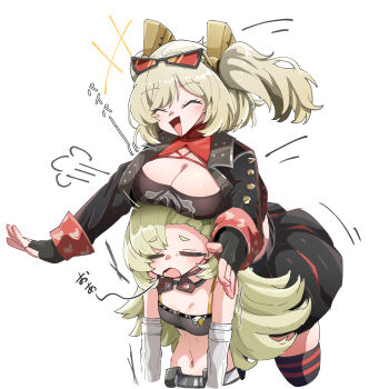 +++ 2girls absurdres bare_shoulders belt black-framed_eyewear black_gloves black_jacket black_skirt black_thighhighs black_tube_top blonde_hair breast_rest breasts breasts_on_head burnice_white caseee999 cleavage closed_eyes commentary_request crop_top cropped_legs detached_sleeves eyewear_on_head fingerless_gloves gloves goggles goggles_around_neck highres jacket large_breasts long_hair midriff motion_lines multiple_girls navel open_mouth piper_wheel red-tinted_eyewear short_eyebrows short_twintails simple_background skirt sound_effects spiked_jacket strapless striped_clothes striped_thighhighs sunglasses thighhighs tinted_eyewear triangle_mouth tube_top twintails upper_body white_background white_sleeves zenless_zone_zero