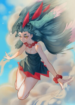 1girl bead_bracelet bead_necklace beads bracelet breasts cleavage closed_mouth colored_sclera commentary_request day dress eggshin floating_hair flutter_mane green_hair highres jewelry long_hair necklace nintendo outdoors personification pokemon red_sclera short_dress smoke solo yellow_eyes