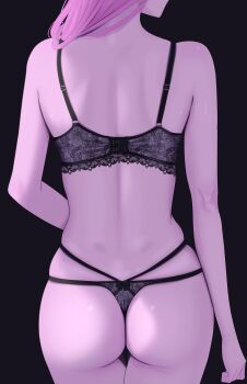 Rule 34 | 1girl, absurdres, ass, back, black background, black bra, black panties, bra, commentary, cowboy shot, facing away, from behind, head out of frame, highres, inaka 44, original, panties, pink hair, solo, thong, underwear, untranslatable commentary