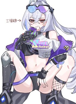 1girl black_boots black_gloves black_shorts boots breasts can commentary_request crop_top drill_hair drink_can fingerless_gloves gauntlets gloves goggles goggles_on_head grey_hair grin highres holding holding_can honkai:_star_rail honkai_(series) jacket long_hair looking_at_viewer monster_energy short_shorts shorts silver_wolf_(honkai:_star_rail) silver_wolf_(lv.999)_(honkai:_star_rail) simple_background small_breasts smile solo squatting tarutaru428 thighs two-sided_fabric two-sided_jacket very_long_hair white_background