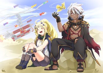 1boy 1girl 1other abs ahoge albaz_(yu-gi-oh!) black_cape black_gloves black_pants black_sandals blonde_hair blush boots brown_boots brown_gloves brown_shorts cape closed_eyes closed_mouth dark_skin duel_monster eccle facial_mark fallen_of_albaz forehead_mark gloves hair_between_eyes hair_ornament highres long_hair multicolored_hair non-humanoid_robot one_eye_closed open_mouth pants red_eyes red_hair robot robot_animal sandals shirt shorts sitting smile stigmata tri-brigade_mercourier white_hair white_shirt yata_masahara yu-gi-oh!