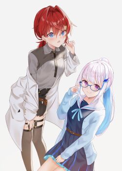 2girls absurdres ange_katrina ange_katrina_(4th_costume) belt belt_pouch black_necktie black_skirt blue_cardigan blue_eyes blue_hair blue_ribbon blue_serafuku blue_shirt blue_skirt blush breasts brown_belt cardigan closed_mouth coat collared_shirt colored_inner_hair commentary_request gradient_eyes grey_background grey_shirt grey_thighhighs hair_intakes hair_ornament hand_in_own_hair hand_on_own_thigh hand_up highres kanie_uni lab_coat leaning_forward legwear_garter lize_helesta lize_helesta_(4th_costume) long_hair long_sleeves looking_at_viewer low_ponytail miniskirt multicolored_eyes multicolored_hair multiple_girls neck_ribbon necktie nijisanji off_shoulder open_cardigan open_clothes open_coat open_mouth pentagram_hair_ornament pleated_skirt ponytail pouch purple_eyes red_hair ribbon sailor_collar school_uniform serafuku shirt shirt_tucked_in sidelocks simple_background sitting skirt small_breasts smile square-end_necktie standing streaked_hair thighhighs two-tone_hair variant_set very_long_hair virtual_youtuber white_coat white_hair white_sailor_collar zettai_ryouiki