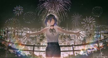 1girl aci_drawx aerial_fireworks bare_arms bare_shoulders black_choker black_ribbon black_shoes black_shorts blush building chainsaw_man choker city_lights cityscape closed_eyes closed_mouth collared_shirt cowboy_shot dated email_address facing_viewer fireworks grin hair_between_eyes hair_bun highres leather_shorts lens_flare neck_ribbon night night_sky outdoors outstretched_arms outstretched_hand parted_lips purple_hair reze_(chainsaw_man) ribbon shirt shirt_tucked_in shoes shorts signature sky sleeveless sleeveless_shirt smile solo spread_arms twitter_username updo upper_body white_shirt wing_collar