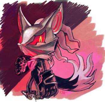 1boy black_gloves chest_jewel commentary_request furry furry_male gloves glowing_gem infinite_(sonic) looking_at_viewer mask signature solo sonic_(series) sonic_forces tail two-tone_background uzu_(4330047) white_hair yellow_eyes