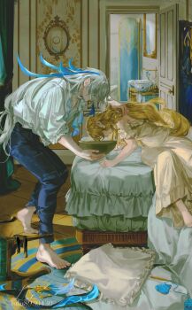 1boy 1girl absurdres analog_clock barefoot bed bed_sheet bedroom bent_over blonde_hair blue_pants bowl chair clock commentary_request couple crochet crochet_hook drill_hair faucet foot_out_of_frame from_side full_body genshin_impact grey_hair hair_over_eyes hand_on_another&#039;s_back hetero highres holding holding_another&#039;s_hair holding_bowl husband_and_wife implied_pregnancy implied_vomiting indoors jewelry lluluchwan long_hair looking_at_another mirror morning_sickness navia_(genshin_impact) neuvillette_(genshin_impact) nightgown on_bed open_door overflowing pants parted_lips pillow pointy_ears reflection ring rug sheet_grab shirt sink sitting standing tile_floor tiles toes twitter_username very_long_hair wall_clock water wedding_ring wet white_shirt yarn yellow_nightgown