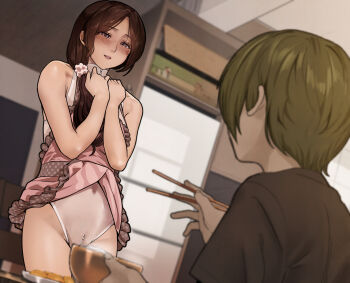 1boy 1girl age_difference apron apron_lift bare_arms bare_legs bare_shoulders black_hair blush bowl cameltoe chopsticks cleft_of_venus clothes_lift commentary crotch_zipper green_hair hair_over_shoulder hands_up highres holding indoors long_hair looking_at_viewer mature_female original plate purple_eyes revision rice_bowl sato-san_(yewang19) short_hair smile underwear yewang19 zipper