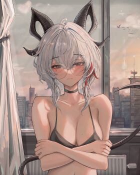 1girl absurdres bare_shoulders bespectacled black_bra black_choker black_horns black_tail blush bra breasts choker cleavage closed_mouth collarbone crossed_arms curled_horns demon_tail earrings fingernails glasses grey_hair highres horns indoors jewelry key_earrings long_hair looking_at_viewer medium_breasts medium_hair mole mole_under_eye multicolored_hair red_eyes riuv187567 round_eyewear solo streaked_hair tail underwear upper_body wuthering_waves zani_(wuthering_waves)