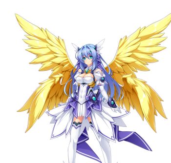 1girl angel_wings aqua_eyes blue_eyes blue_hair breasts celestia_(exs-tia) chest_jewel cleavage covered_navel dress elbow_gloves empty_eyes expressionless feathered_wings game_cg gloves hair_ornament head_wings inoino katsuragi_marina kouyoku_senki_exs-tia large_breasts large_variant_set long_hair looking_at_viewer multiple_wings non-web_source official_art solo standing thighhighs transparent_background variant_set white_dress white_gloves white_thighhighs wings yellow_wings zettai_ryouiki