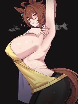 1girl agnes_tachyon_(umamusume) alternate_breast_size_(larger) animal_ears armpits black_pantyhose breasts brown_hair brown_tail commentary_request from_side hair_between_eyes highres horse_ears horse_girl horse_tail huge_breasts lengkuass looking_at_viewer pantyhose red_eyes sideboob sideless_sweater solo spread_armpit sweat sweater tail umamusume v white_background yellow_sweater