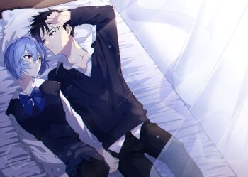1boy 1girl aged_up alternate_costume arm_up ayanami_rei bed bed_sheet bedroom black_hair blue_bow blue_bowtie blue_hair bow bowtie breasts brown_eyes collarbone collared_shirt couple curtains eye_contact hand_on_own_head hetero highres holding_hands ikari_shinji indoors interlocked_fingers looking_at_another lying neon_genesis_evangelion on_back on_bed on_side pants pillow red_eyes resting shirt short_hair skirt sweater sweater_vest white_shirt window yoshio_296