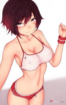1girl armpits black_eyes black_hair bluefield blush breasts cameltoe cleavage collarbone covered_erect_nipples cowboy_shot crop_top dolphin_shorts female_focus highres looking_at_viewer medium_breasts micro_shorts midriff navel reaching reaching_towards_viewer ruby_rose rwby selfie short_hair short_shorts shorts smile solo sweat wristband