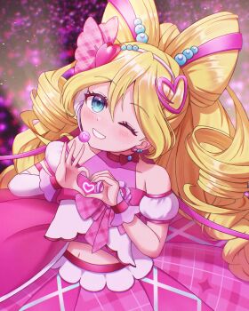 Rule 34 | 1girl, arm warmers, bare shoulders, beads, blonde hair, blue eyes, blush, bow, bow-shaped hair, bow choker, choker, collarbone, commentary, crop top, cure idol, detached sleeves, drill hair, earrings, hair beads, hair between eyes, hair ornament, hair ribbon, hairband, headset, heart, heart earrings, heart hair ornament, highres, idol, idol clothes, idol heart brooch (precure), idol heart incom, jewelry, kimi to idol precure, long hair, looking at viewer, magical girl, midriff, multicolored hair, multiple earrings, navel, one eye closed, parted lips, pink bow, pink hair, pink nails, pink ribbon, pink shirt, pink skirt, pink theme, pink wrist cuffs, plaid bow, plaid ribbon, precure, puffy detached sleeves, puffy sleeves, red bow, red choker, ribbon, sakura uta (precure), scrunchie, shirt, shirt bow, single arm warmer, skirt, smile, solo, stomach, streaked hair, twintails, two-tone hair, white hairband, wrist cuffs, wrist scrunchie, yeerasuto