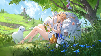 1girl absurdres animal bare_legs black_dress blonde_hair blue_eyes blue_sky breasts cartethyia_(wuthering_waves) crown_of_thorns day dress earrings from_side highres holding holding_wreath jewelry knees_up legs long_hair medium_breasts missing_commentary multiple_earrings official_art open_mouth outdoors pointy_ears sidelocks sitting sky swd3e2 tabard tacet_mark_(wuthering_waves) white_tabard wuthering_waves