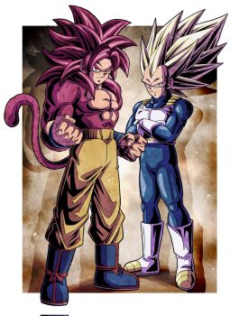 2boys armor blonde_hair blue_bodysuit blue_boots body_fur bodysuit boots border brown_background commentary_request crossed_arms dragon_ball dragon_ball_daima full_body gloves green_eyes highres long_hair male_focus monkey_tail multiple_boys muscular muscular_male no_eyebrows orange_pants pants red_eyes red_fur red_hair red_tail saiyan_armor son_goku spiked_hair standing super_saiyan super_saiyan_3 super_saiyan_4 tail topless_male ushi_(akabec0) vegeta white_armor white_boots white_border white_gloves