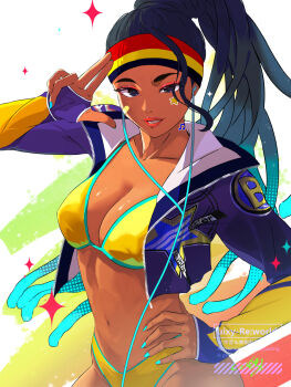 1girl aqua_nails arm_up artist_name bandaid bandaid_on_cheek bandaid_on_face bikini blue_jacket breasts collarbone commentary cropped_jacket dark-skinned_female dark_skin dreadlocks earphones hand_on_own_hip headband highres jacket kimberly_jackson lipstick long_hair looking_at_viewer makeup multicolored_headband musical_note_sticker nail_polish navel official_alternate_costume parted_lips print_jacket red_lips solo star_(symbol) star_print star_sticker sticker sticker_on_face street_fighter street_fighter_6 swimsuit uixy watermark yellow_bikini