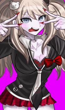 Rule 34 | 1girl, :p, bear hair ornament, black shirt, blonde hair, blue eyes, bow, breasts, cleavage, collarbone, commentary request, cowboy shot, danganronpa: trigger happy havoc, danganronpa (series), double v, enoshima junko, hair ornament, highres, large breasts, long hair, looking at viewer, nail polish, necktie, pink background, red bow, red nails, shirt, simple background, skirt, smile, solo, tarutaru428, teeth, tongue, tongue out, twintails, v