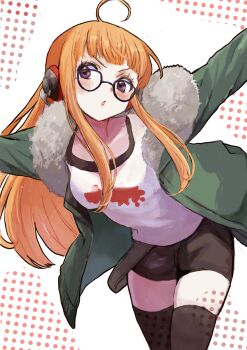 1girl :o absurdres ahoge belt black-framed_eyewear black_belt black_shorts black_tank_top black_thighhighs blunt_bangs blush breasts commentary_request cowboy_shot fur-trimmed_jacket fur_trim glasses green_jacket highres jacket kanna_nijiniji leaning_forward long_hair looking_to_the_side medium_breasts orange_hair outstretched_arms parted_lips persona persona_5 polka_dot polka_dot_background purple_eyes sakura_futaba shirt shorts sidelocks solo spread_arms tank_top thighhighs white_background white_shirt