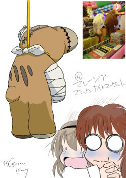 2girls absurdres boko_(girls_und_panzer) brown_hair commentary_request girls_und_panzer grian_(griankay) hanging highres meme multiple_girls nishizumi_miho o_o open_mouth photo-referenced scared shimada_arisu shirt short_hair signature tears white_background white_shirt