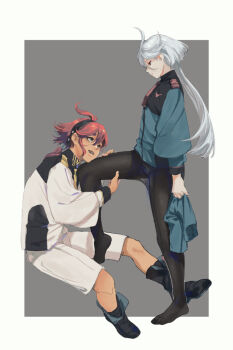 2girls asticassia_school_uniform black_hairband black_pantyhose closed_mouth commentary_request green_jacket green_shorts grey_background gundam gundam_suisei_no_majo hairband hand_on_another's_thigh hugging_another's_leg jacket long_hair mak_(kainemaru) miorine_rembran multiple_girls no_pants open_mouth pantyhose ponytail red_hair school_uniform shorts simple_background smile suletta_mercury thick_eyebrows unworn_shorts white_hair white_jacket white_shorts yuri